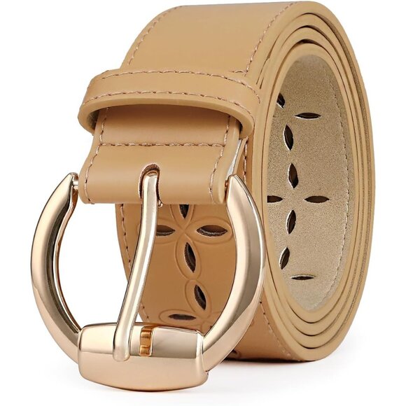 Women Leather Wide Fashion Thick Dress Belt With Gold Buckle Belt Hollow Beige - Picture 2 of 6